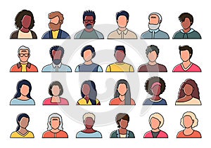 Set of persons, avatars, people heads of different ethnicity and age in flat style. Multi nationality social networks