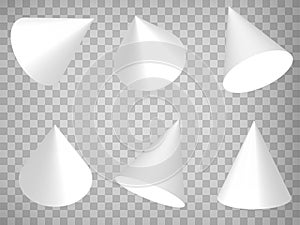 Set of perspective projections 3d cones model icons on transparent background.  3d cones.  Abstract concept of graphic elements fo