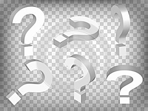 Set of perspective projections 3d Large Question mark model icons on transparent background.  3d Large Question mark.  Abstract co