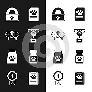 Set Pet award, Cat tooth, Canned food, Clinical record pet, Bag of for, Medicine bottle and pills, and Dog symbol icon