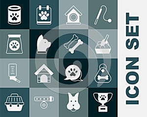 Set Pet award symbol, Dog collar with bone, Cat litter tray shovel, house, Bag of food for pet, Canned and icon. Vector