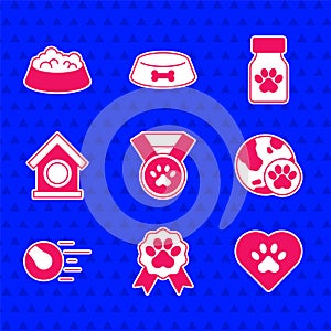 Set Pet award symbol, Heart with animals footprint, World pet, toys ball, Dog house, Medicine bottle and pills and food