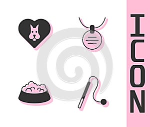 Set Pet cat toy, Heart with dog, food bowl for or and Collar name tag icon. Vector