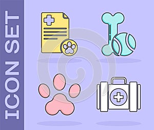 Set Pet first aid kit, Clipboard with medical clinical record pet, Paw print and Pet toys bone rubber and ball icon