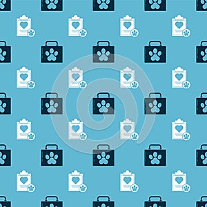 Set Pet first aid kit and Clipboard with medical clinical record pet on seamless pattern. Vector