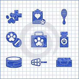 Set Pet first aid kit, Dog muzzle, bed, medicine bottle and pills, Canned food, Hair brush for dog cat and Veterinary