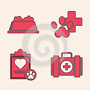 Set Pet first aid kit, Pet food bowl, Veterinary clinic symbol and Clipboard with medical clinical record pet icon