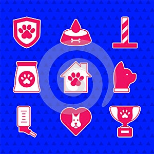 Set Pet house, Heart with dog, award symbol, Cat, Drinker for small pets, Bag of food, scratching post toy and Animal