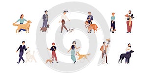Set of pet owners with purebred dogs. Happy people with canine winner's golden cups and medals. Men and women with photo