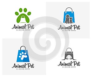 Set of Pet shop Logo dog cat design vector template. Animals Veterinary clinic Logotype concept outline icon