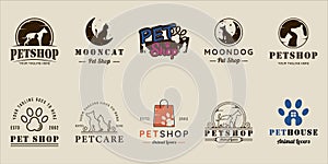 set of pet shop logo line vintage vector illustration template icon graphic design. bundle collection of various cat and dog sign