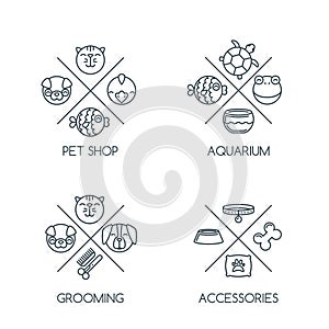 Set of pet shop outline logo, emblem or label design elements. Vector line icons.