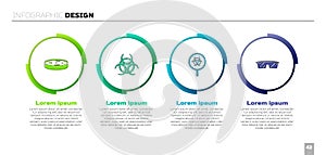 Set Petri dish with bacteria, Biohazard symbol, and magnifying glass and Laboratory glasses. Business infographic