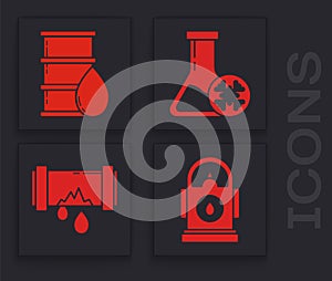 Set Petrol or Gas station, Barrel oil, Antifreeze test tube and Broken metal pipe with leaking water icon. Vector