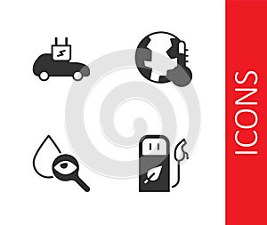 Set Petrol or gas station, Electric car, Drop and magnifying glass and Earth melting to global warming icon. Vector