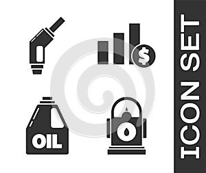 Set Petrol or Gas station, Gasoline pump nozzle, Canister for motor machine oil and Pie chart infographic and dollar icon