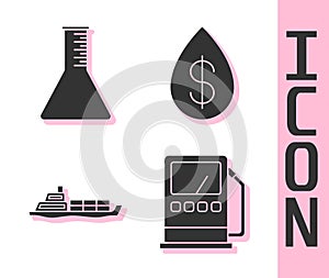 Set Petrol or gas station, Oil petrol test tube, Oil tanker ship and Oil drop with dollar icon. Vector