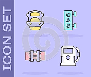 Set Petrol or gas station, Oil tanker ship, Metallic pipes and valve and Gas filling icon. Vector