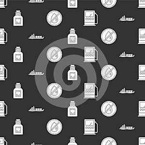 Set Petrol or gas station, Oil tanker ship, Oil petrol test tube and No oil drop on seamless pattern. Vector