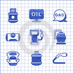 Set Petrol or gas station, Propane tank, Electrical cable plug charging, Oil storage, tanker ship, Gas for vehicle