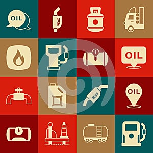 Set Petrol or gas station, Refill petrol fuel location, Word oil, Propane tank, Fire flame, and Gas for vehicle icon