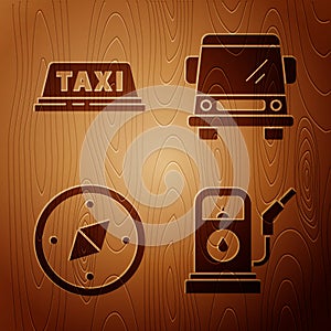 Set Petrol or Gas station, Taxi car roof, Compass and Car on wooden background. Vector