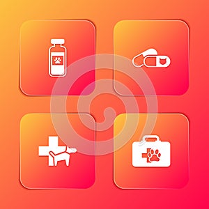 Set Pets vial medical, Cat and pills, Veterinary clinic and first aid kit icon. Vector