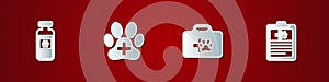 Set Pets vial medical, Veterinary clinic, first aid kit and Clinical record pet icon. Vector