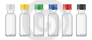 Set of pharmaceuticals bottles with colored caps.