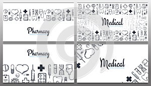 Set of Pharmacy and Medical banners with doodle background. Pills, Vitamin tablets, medical drug. Vector Illustration.