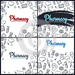 Set of Pharmacy and Medical banners with doodle background. Pills, Vitamin tablets, medical drug. Vector Illustration.