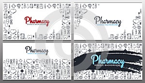 Set of Pharmacy and Medical banners with doodle background. Pills, Vitamin tablets, medical drug. Vector Illustration.