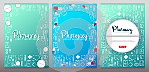 Set of Pharmacy and Medical banners with doodle background. Pills, Vitamin tablets, medical drug. Vector Illustration.