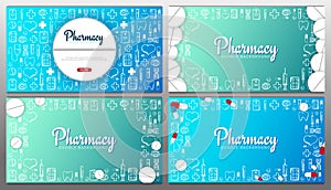 Set of Pharmacy and Medical banners with doodle background. Pills, Vitamin tablets, medical drug. Vector Illustration.