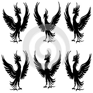 Set of Phoenix bird silhouettes. Stylized logo,Vector illustration isolated on white background.