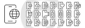 Set of phone with applications icons. Variety of applications and features found on mobile phones, including messaging, social