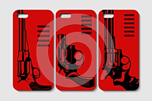 Set of phone case design. Abstract handguns and ammunition backgrounds.