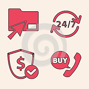 Set Phone and speech bubble with Buy, Cursor click document folder, Clock 24 hours and Shield with dollar icon. Vector