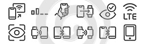 Set of 12 phones and mobiles icons. outline thin line icons such as smartphone, connection, connection, eye scanner, smartphone photo