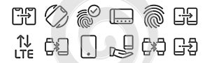 set of 12 phones and mobiles icons. outline thin line icons such as transfer, smartphone, connection, fingerprint, fingerprint, photo