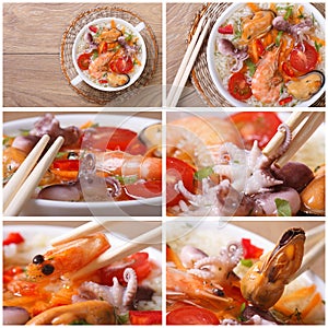 Set of photo asian seafood soup close-up