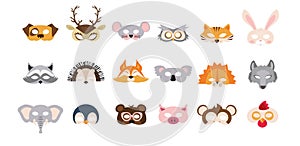 Set of photo booth props masks of wild and domestic animals. great for party and birthday. vector illustration