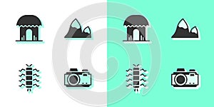 Set Photo camera, African hut, Centipede insect and Mountains icon. Vector