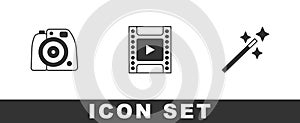 Set Photo camera, Camera film roll cartridge and retouching icon. Vector