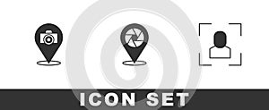 Set Photo camera, Camera shutter and focus frame line icon. Vector