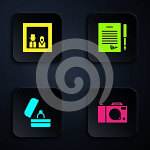 Set Photo camera, Family photo, Wedding rings and Marriage contract. Black square button. Vector