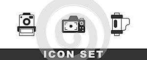 Set Photo camera, and Camera film roll cartridge icon. Vector