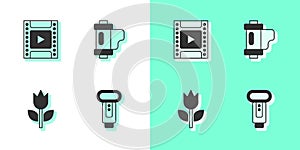 Set Photo camera flash, Camera film roll cartridge, mode macro and icon. Vector