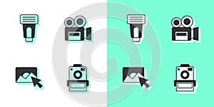 Set Photo camera, flash, retouching and Retro cinema icon. Vector