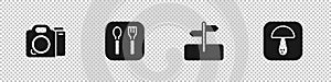 Set Photo camera, Fork and spoon, Road traffic sign and Mushroom icon. Vector